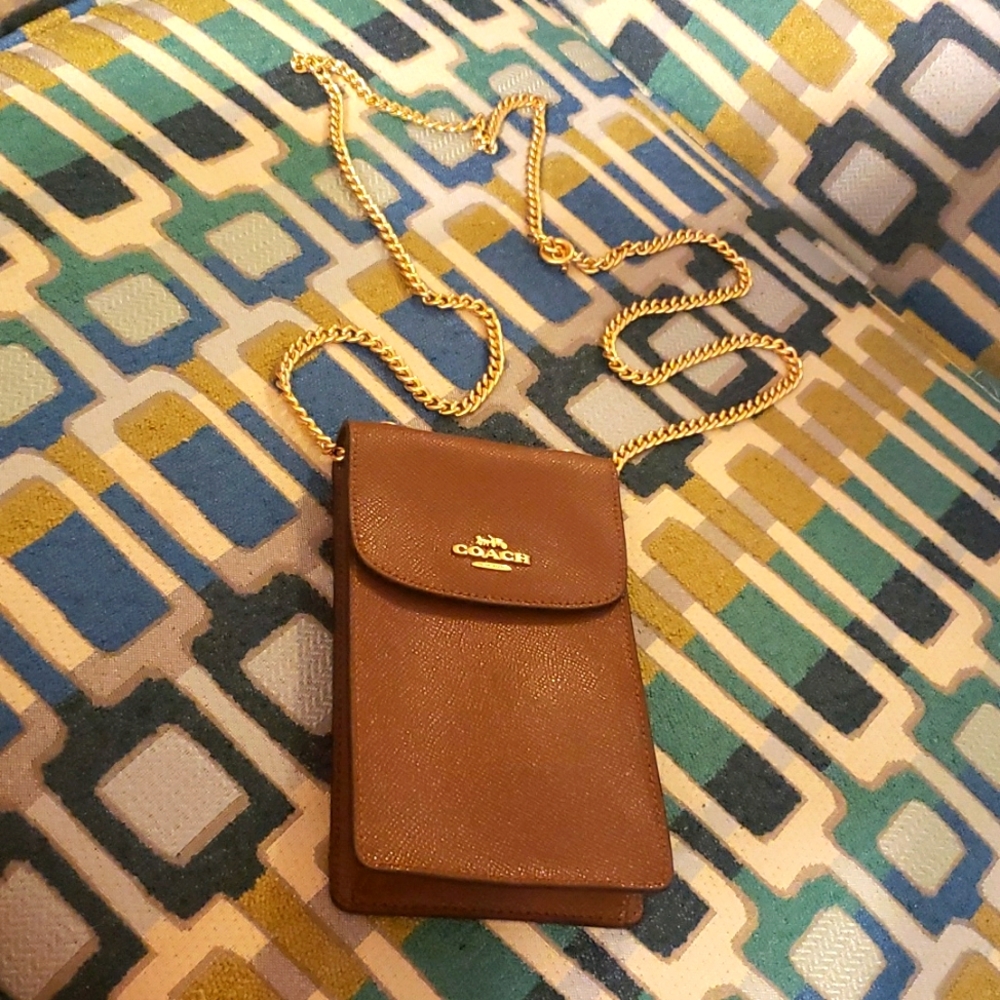BROWN COACH CELLPHONE CROSSBODY WITH GOLD CHAIN. Perfect mint condition!